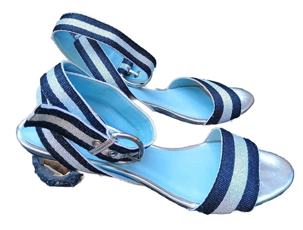 FRANCES VALENTINE Ankle Strap Sandals Black Silver Crystal shape 1.5" Heels 6.5